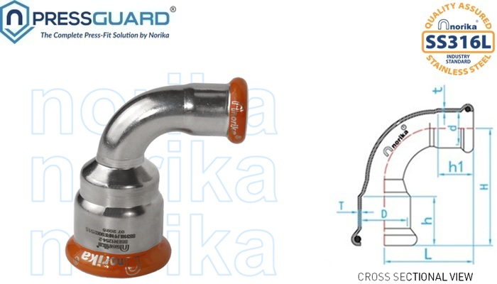 Stainless Steel 316L Press Fit 90 Deg Reducing Elbow